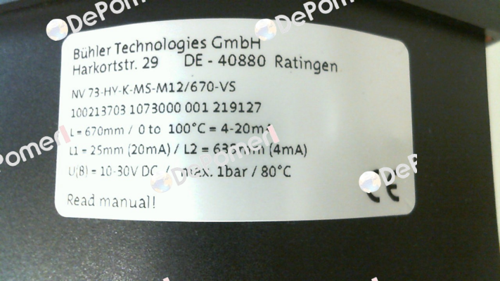 P/N: Q11008002 1073000, Type: NV73-HY-K-MS-M12/670-VS Bühler Technologies